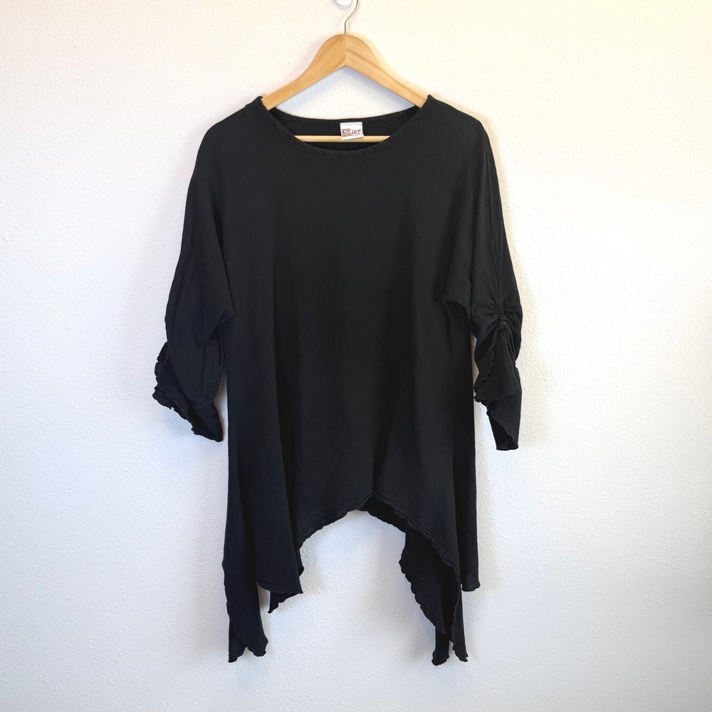 Oh My Gauze Black Quarter Sleeve Asymmetric Tunic Blouse Womens 1 S/M Lagenlook